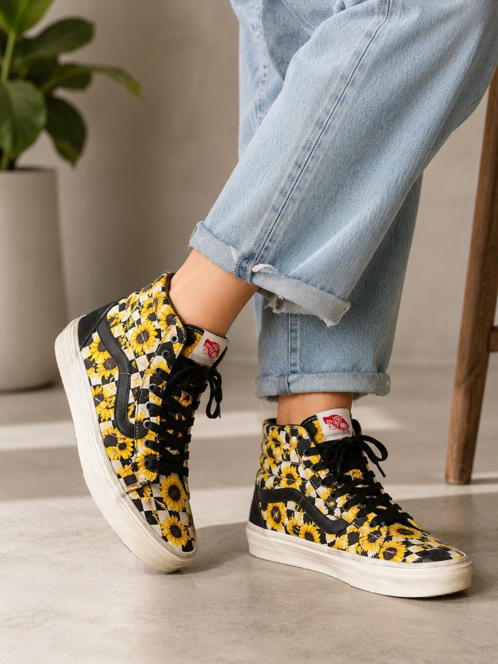 Vans Sk8-Hi Sunflower Checkerboard Shoes Women’s 10 Men’s 8.5 High Top